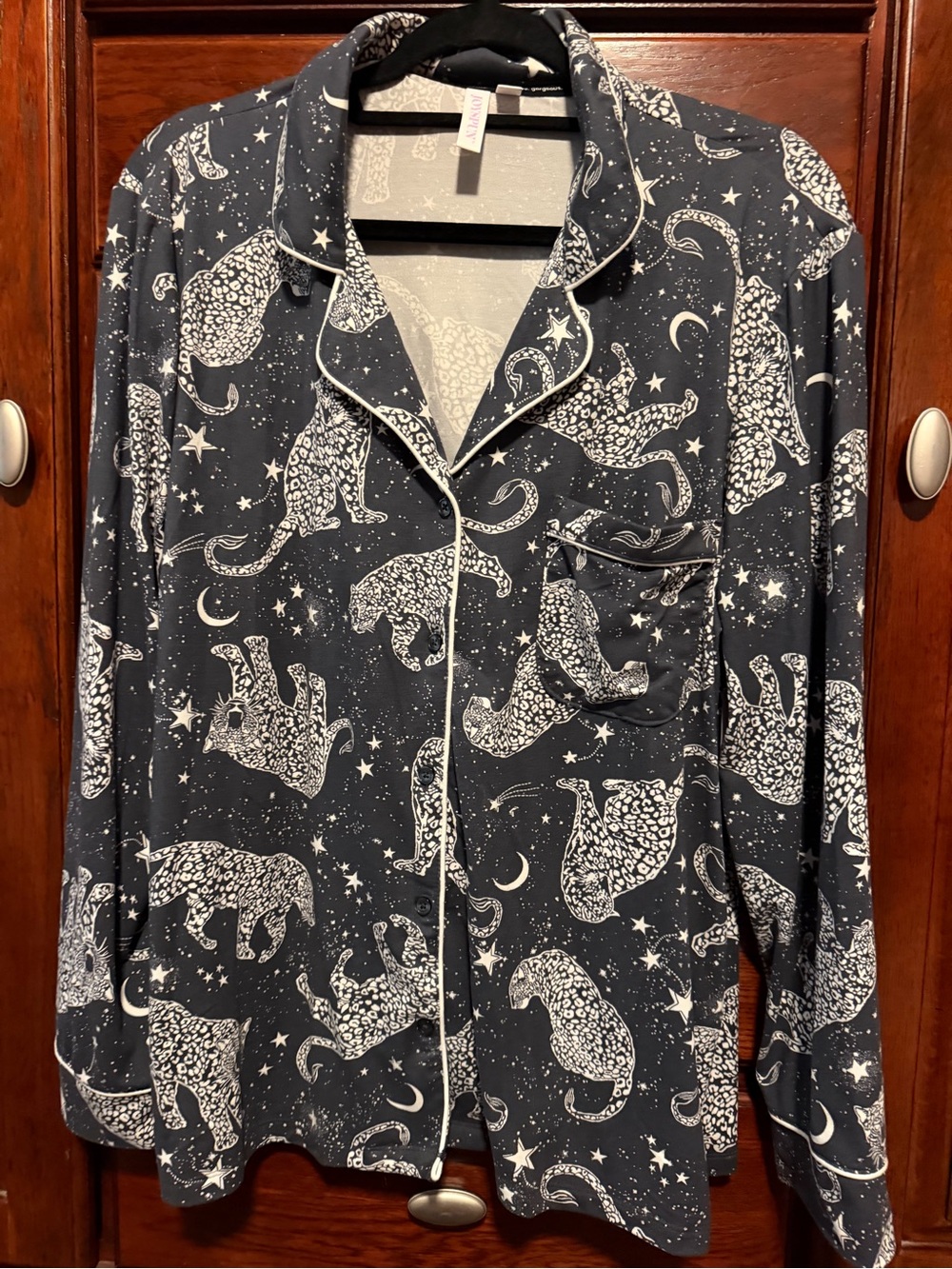 Women’s Nightshirt Pajama Top - Black with White Leopard Print